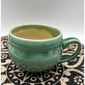 Handcrafted Studio Art Pottery Mug Cup Green Glaze & Creamy Yellow Signed Unique